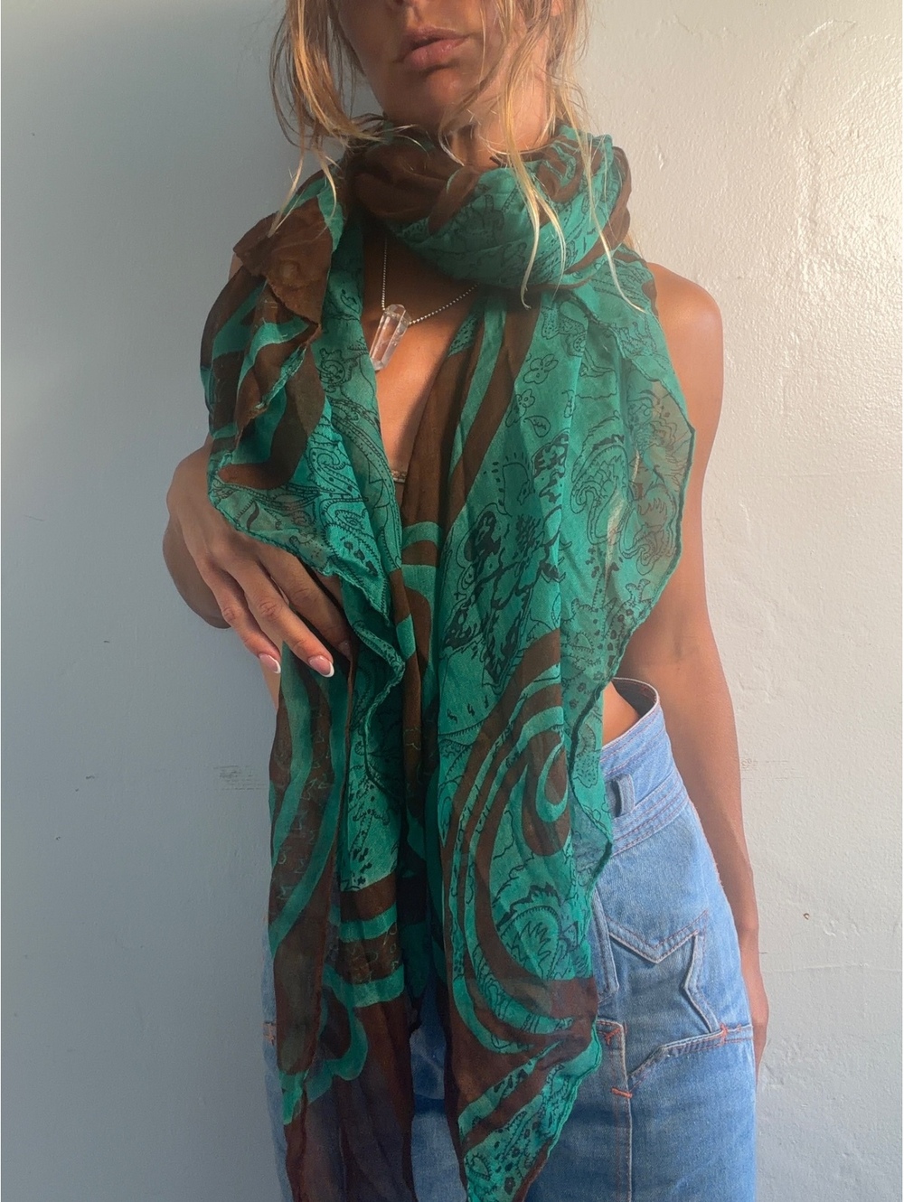 Lightweight Green and Brown Sheer Scarf with Abstract Pattern